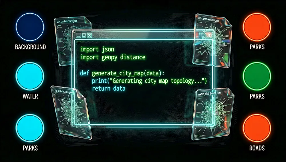 A neon urban map materializing from a cascade of code fragments and data nodes, with streets in cyan and magenta, water in blue, and parks in green, above a holographic terminal running the poster-generation command.