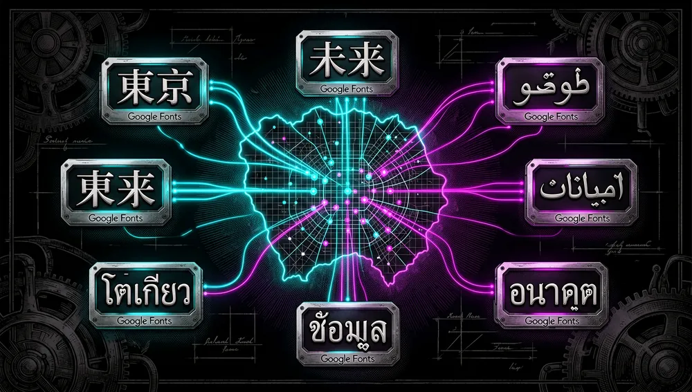 Central neon core labeled "MapToPoster" emitting branching paths toward satellite nodes representing forks and ports — Docker, Rust, a web interface — with pulsing data streams in purple, cyan, and green over a dark background of abstract digital noise.