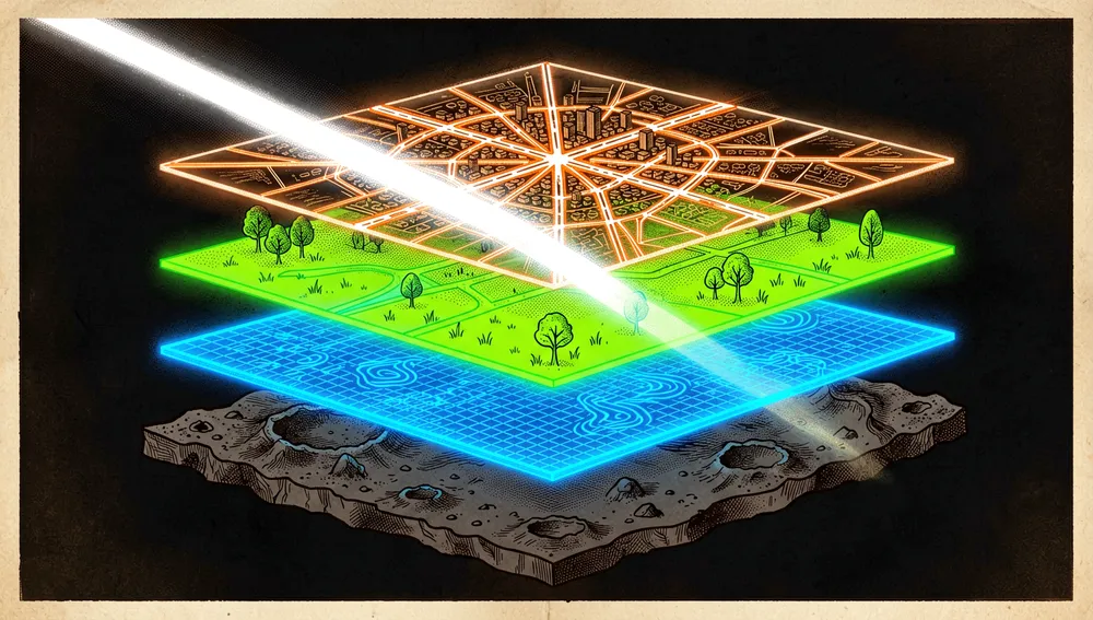 Retro-futuristic screen showing a vibrant Hacker News thread with glowing orange and white text, surrounded by holographic comment bubbles and upvote arrows in neon light, with city map silhouettes dissolving into the dark background.