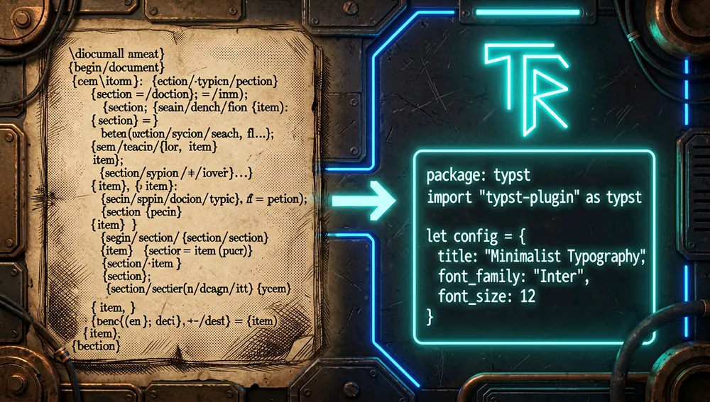 Illustration of a glowing holographic YAML file floating in mid-air, projecting a beam of blue and cyan light that transforms into a pristine, typographically composed PDF document, over a dark digital workspace.