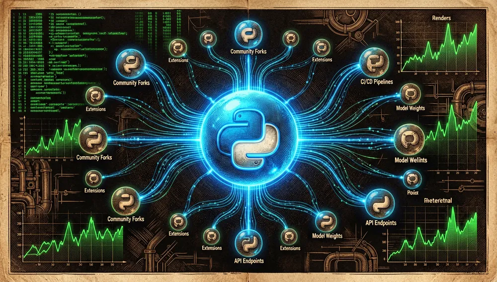 High-tech dark-mode terminal with neon green text showing the rendercv render command, with holographic icons for PDF, PNG, Markdown, and HTML files popping out of the screen as tangible digital artifacts.