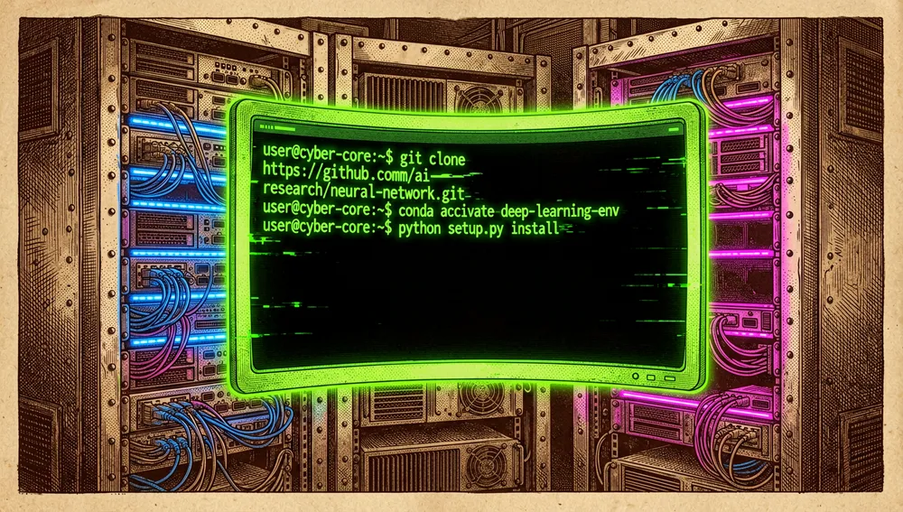 Central glowing digital manuscript labeled "Dive into LLMs" projecting holographic translations in different languages — English, Chinese, Turkish — into the dark void, with data streams connecting to smaller satellite nodes representing forks.