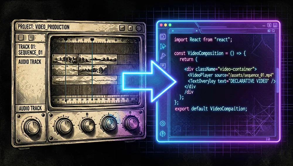 Ilustración cyberpunk de creación programática de vídeo con React: una interfaz holográfica de línea de tiempo flota en un estudio oscuro, con fragmentos de código de componentes React en paneles neón azul y rosa junto a un reproductor de vídeo central con una visualización dinámica basada en datos.