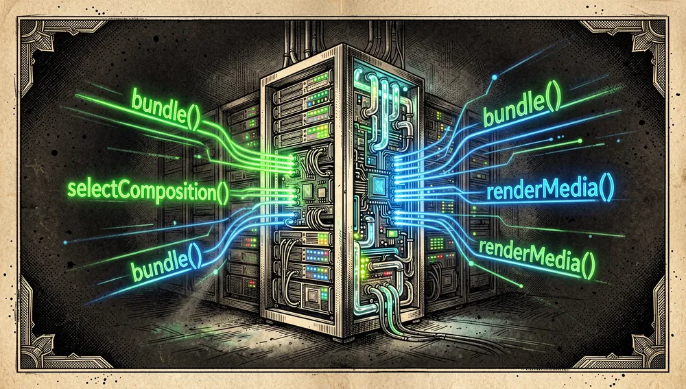Interfaz de Remotion Studio en tema oscuro cyberpunk: una ventana de previsualización futurista muestra un gráfico animado, rodeada de paneles flotantes para durationInFrames, fps y width, con flujos de datos luminosos conectando la interfaz a un icono de Chrome Headless Shell.