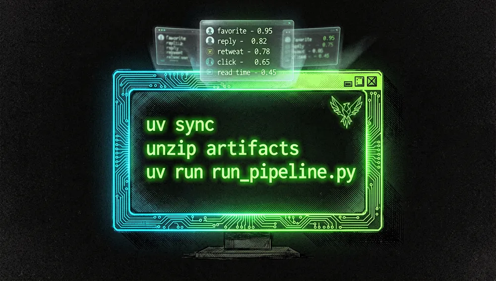 Visualización cyberpunk del canal Home Mixer: una estructura de tubería industrial metálica oscura procesa flujos de tarjetas de publicaciones luminosas a través de etapas diferenciadas —"Hidratar", "Filtrar", "Puntuar", "Seleccionar" y "Visibilidad"— cada una una cámara con iluminación neón.