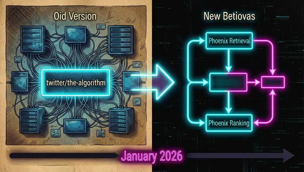 Mapa cyberpunk del ecosistema mostrando la familia de repositorios de xai-org: en el centro, un nodo etiquetado "x-algorithm" pulsa con luz cian; alrededor, conectados por flujos de datos luminosos, hay nodos satélite para "grok-1", "grok-build", "grok-prompts" y otros, cada uno con su contador de estrellas en dígitos neón pequeños.