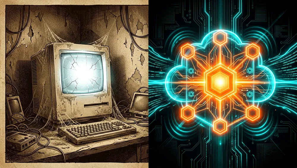Conceptual split-screen visual: on the left side, a physical Mac mini computer covered in dust and cobwebs in a dark room; on the right side, a glowing, ethereal Cloudflare Worker server icon radiating neon orange light, replacing the hardware.