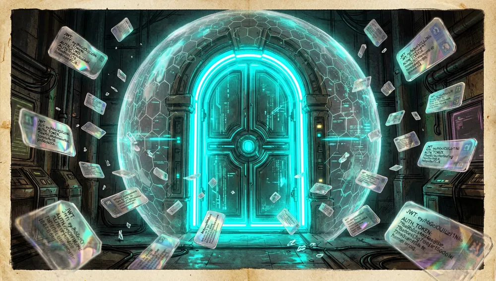 Visual representation of a multi-layered digital security gateway: a glowing neon doorway protected by a futuristic force field, with translucent digital tokens and JWT badges floating in the foreground, against a dark, isolated container with a glowing core in the background.