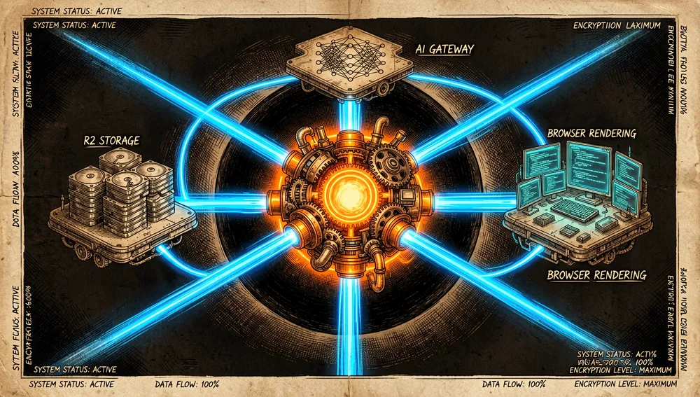 Intricate architectural diagram rendered as a 3D cyberpunk cityscape: a central glowing worker node acts as a router, beaming neon light beams toward a massive dark sphere representing an isolated Sandbox container, surrounded by floating platforms for R2, Browser Rendering, and AI Gateway.
