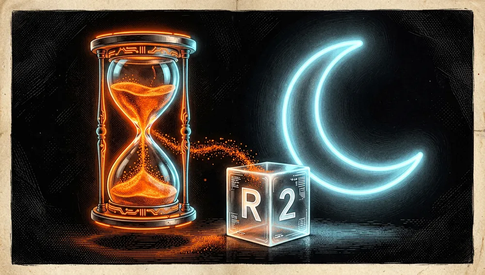 Glowing, high-tech digital hourglass floating in a dark void, with neon orange data particles flowing from the top half into a translucent storage cube labeled with R2 icons at the bottom; beside the hourglass, a neon crescent moon symbolizes the sleep and wake cycles of a serverless container.