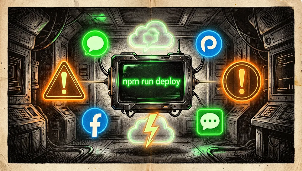 Futuristic, dark-themed terminal interface floating in mid-air, displaying the text npm run deploy in bright neon green, surrounded by holographic warning signs and floating neon icons representing Telegram, Discord, and Slack, all orbiting a central glowing Cloudflare hexagon.