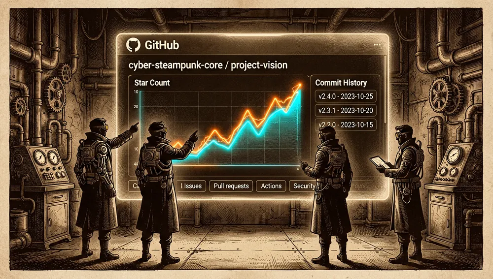 Massive, glowing GitHub repository interface projected as a holographic 3D dashboard in a dark cyberpunk room, with neon charts and graphs displaying rising star counts and commit histories in electric orange and cyan.