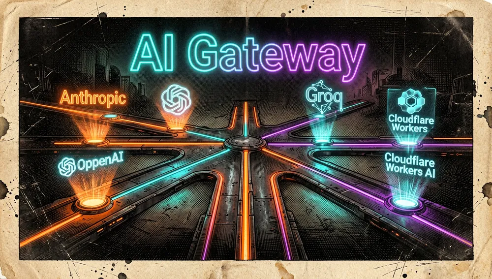 Conceptual digital crossroads: a dark, neon-lit pathway splits in multiple directions, each guarded by a glowing holographic icon — one path features a classic Anthropic AI symbol, another shows OpenAI, another Groq, and another a Cloudflare Workers AI hexagon, with "AI Gateway" text glowing in the sky above the intersection.