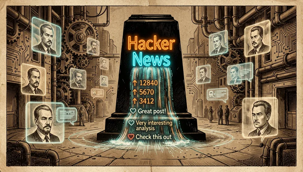 Vibrant, cyberpunk-style digital town square: holographic avatars and chat bubbles float in a dark space, illuminated by glowing neon orange and cyan screens, with a central monolith displaying the text "Hacker News" in glowing retro-futuristic typography and streams of comments and upvotes cascading down its surface.
