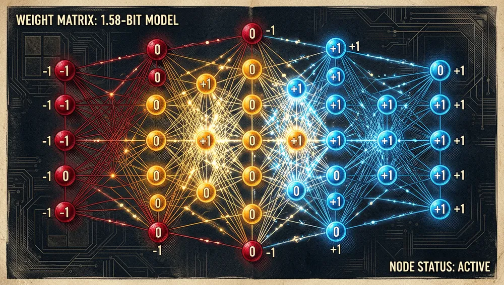 Visualización ultra detallada en modo oscuro cyberpunk de pesos ternarios de redes neuronales: nodos digitales neón luminosos restringidos a tres colores distintos —carmesí profundo para -1, ámbar brillante para 0 y azul eléctrico para +1— formando una red geométrica compleja e interconectada.