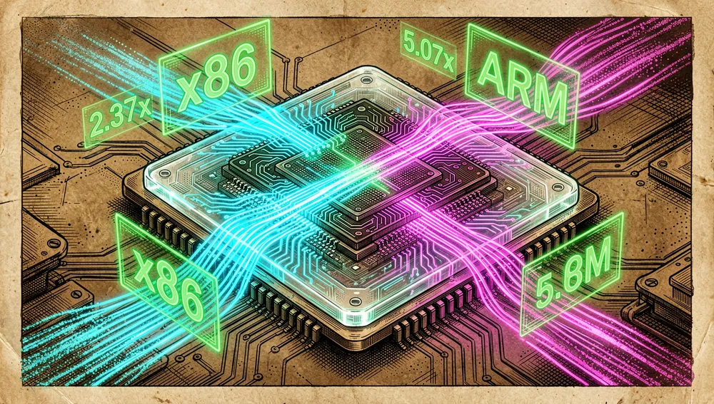 Escena futurista en modo oscuro cyberpunk que representa inferencia local de alta velocidad en hardware CPU y GPU: un diseño de chip de silicio translúcido y luminoso con circuitos neón intrincados, representando un procesador x86 o ARM, con flujos de datos cian y magenta brillantes.