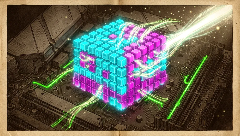 Ilustración muy detallada en modo oscuro cyberpunk de un núcleo GPU ejecutando un producto matriz-vector: una cuadrícula masiva y luminosa de bloques 16x32 flotando en un vacío oscuro, con pesos de 2 bits representados como cubos neón compactos y activaciones de 8 bits como flujos de energía brillantes, sobre una silueta holográfica abstracta de una GPU NVIDIA A100.