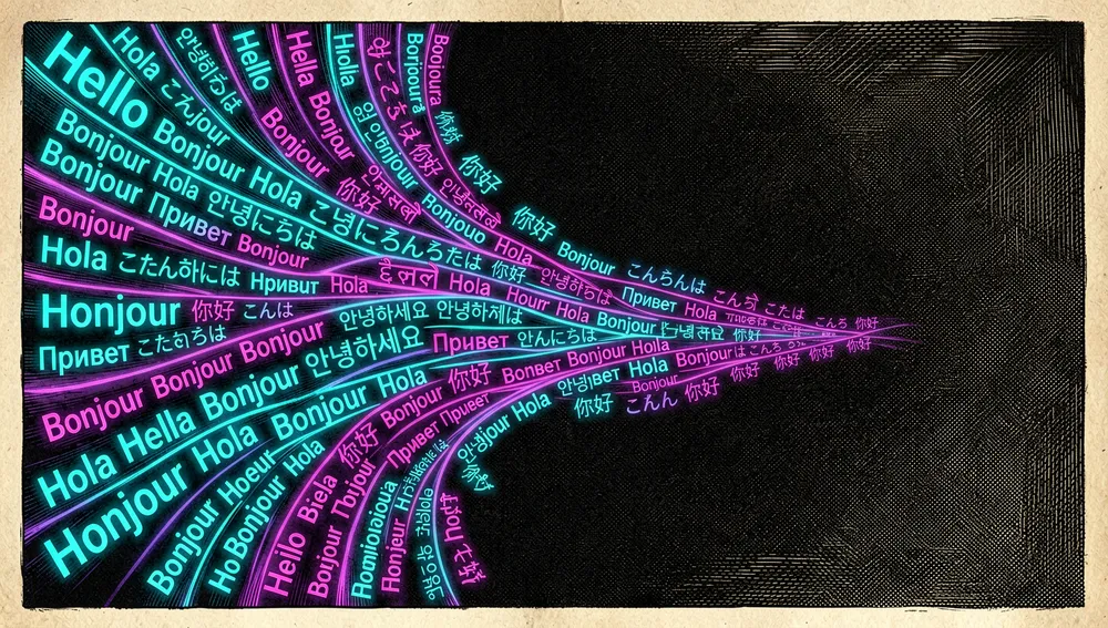Visualización ultra detallada en modo oscuro cyberpunk de incrustaciones de texto multilingües: flujos de texto luminoso e interconectado en varios idiomas globales fluyendo hacia un espacio vectorial esférico central y denso, representado por miles de diminutos puntos neón luminosos que forman una constelación 3D compleja.