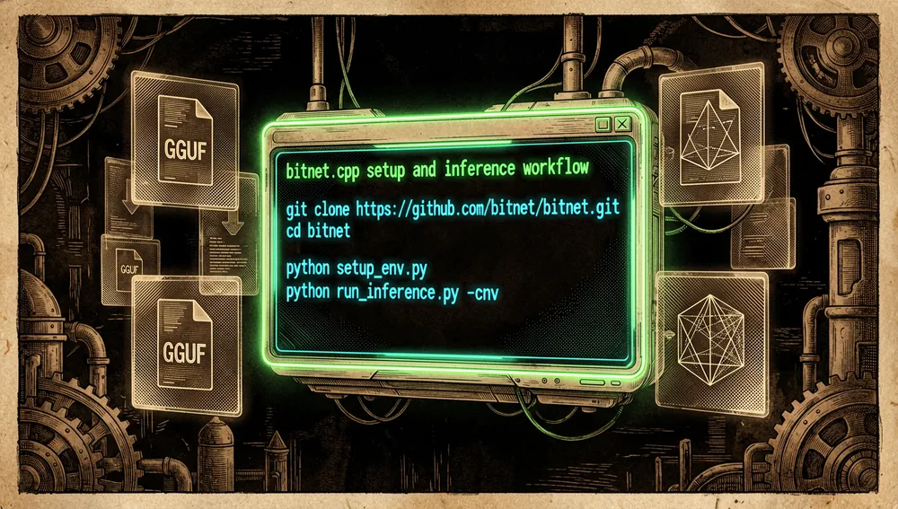 Interfaz de terminal elegante y en modo oscuro cyberpunk ejecutando el flujo de configuración e inferencia de bitnet.cpp: texto de línea de comandos brillante en verde y cian neón sobre una pantalla negra profunda, mostrando fragmentos como git clone, setup_env.py y run_inference.py -cnv.