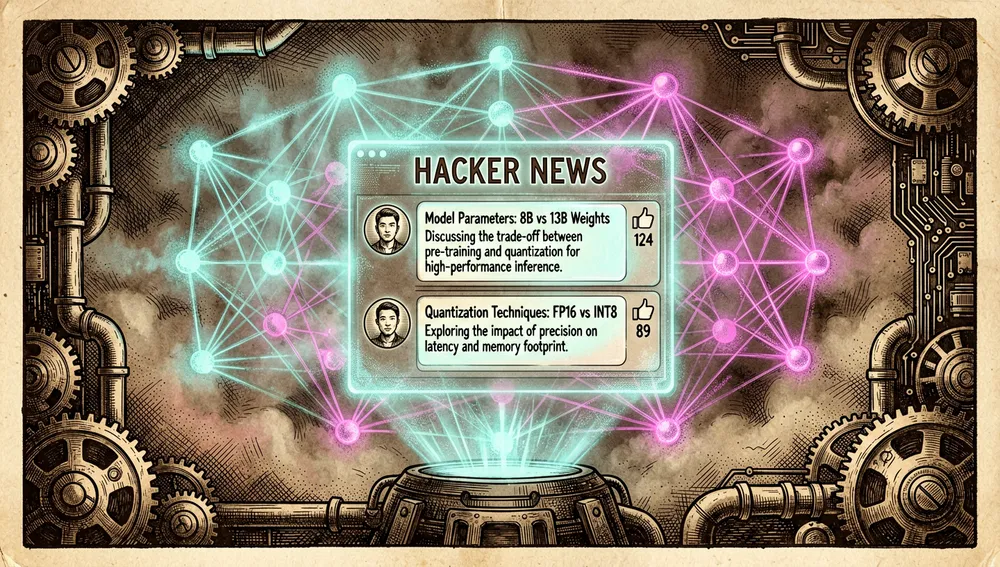 Escena futurista en modo oscuro cyberpunk que representa la recepción y el debate de la comunidad de desarrolladores: una interfaz holográfica brillante flotando en un entorno oscuro lleno de tecnología muestra representaciones abstractas de hilos de Hacker News y secciones de comentarios, con burbujas de texto neón brillando en cian y magenta.