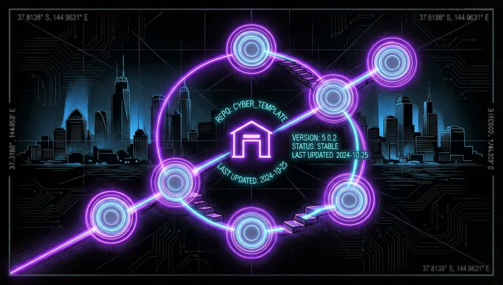 Dunkelmodus-Cyberpunk-Visualisierung des Ursprungs und der Release-Historie einer öffentlichen GitHub-Vorlage: ein leuchtender Zeitachsenbogen mit fünf Meilenstein-Knoten, die von einem bescheidenen ersten Release zu einer stabilen Version aufsteigen, mit im Hintergrund projizierten Melbourne-Koordinaten und einem zentralen Repository-Icon, das mit Vorlagen-Metadaten pulsiert.