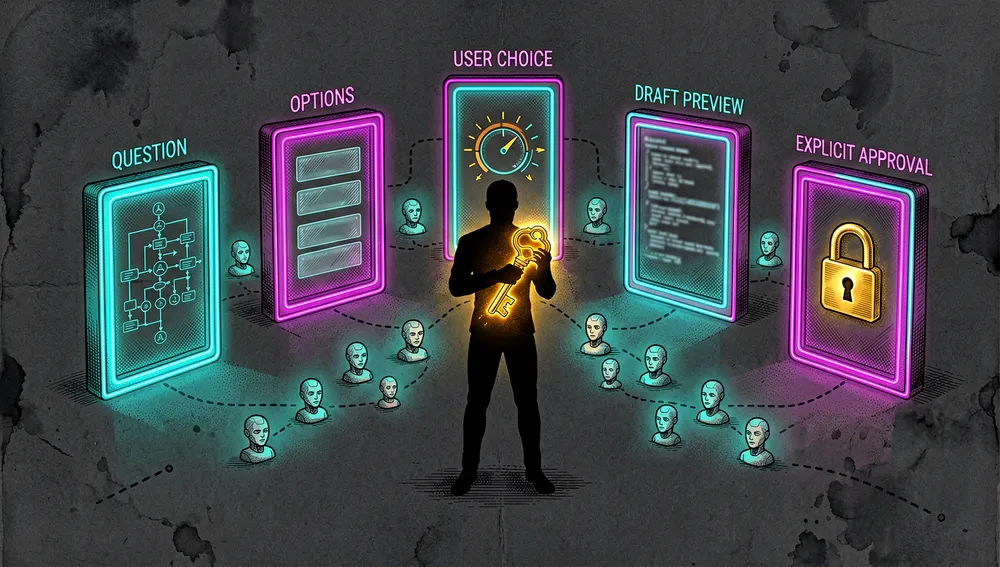 Dunkelmodus-Cyberpunk-Illustration eines kollaborativen KI-Protokolls statt autonomem Autopiloten: eine menschliche Silhouette im Zentrum hält einen leuchtenden Entscheidungsschlüssel, umgeben von einer kreisförmigen Sequenz aus fünf Neontoren — Frage, Optionen, Nutzerwahl, Entwurf, explizite Zustimmung — mit KI-Agenten-Avataren, die an jedem Tor warten, bis der Mensch zustimmt.