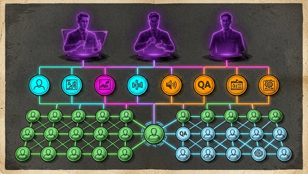 Auffällige Hero-Illustration im Dunkelmodus-Cyberpunk-Stil für eine KI-Spieleentwicklungsstudio-Vorlage: im Zentrum erhebt sich ein leuchtendes Terminal wie ein Monolith mit abstraktem Code, Agentenaufrufen und Workflow-Grafen. Darum eine dreistufige holografische Studio-Hierarchie mit Direktor-Avataren, Abteilungsleiter-Knoten und Dutzenden Spezialisten-Knoten, die eine Konstellation aus 49 Agenten bilden, mit 73 orbitierenden Skill-Icons und 12 Validierungs-Hook-Schilden am Perimeter.
