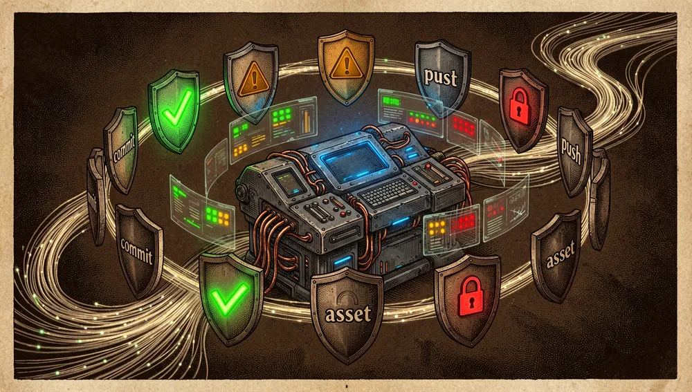 Dunkelmodus-Cyberpunk-Sicherheits- und Validierungsszene für ein automatisiertes Spieleentwicklungs-Framework: zwölf Hook-Schilde umkreisen ein zentrales Terminal, jedes geformt wie ein Commit-, Push-, Asset-, Skill-Änderungs-, Session-Start-, Session-Stop-, Gap-Erkennungs-, Kompaktierungs-, Benachrichtigungs- oder Audit-Log-Tor, mit neongrünen Häkchen, bernsteinfarbenen Warnungen und roten Schlössern auf durchscheinenden HUD-Panels.