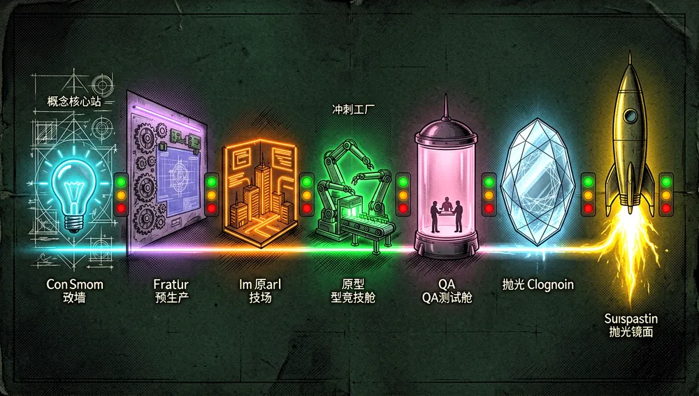 Dunkelmodus-Cyberpunk-Visualisierung einer siebenphasigen Spieleentwicklungs-Pipeline: eine leuchtende Strecke bewegt sich von der Konzeption über Vorproduktion, Prototyp, Vertical Slice, Produktionssprints, QA, Politur bis zum Launch, wobei jede Phase durch eine eigene Neon-Station dargestellt wird, und zwischen den Phasen zeigen Tor-Checkpoints dreifarbige Statuslichter in Grün, Bernstein und Rot.