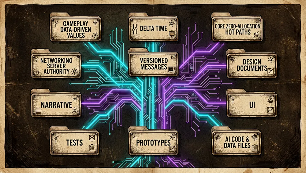 Dunkelmodus-Cyberpunk-Diagramm pfadbasierter Code-Standards, die ein Videospielprojekt regieren: ein leuchtender Dateibaum verzweigt sich in elf Regel-Plaketten, jede schwebt neben einem Ordner — Gameplay, Core, Networking, Design, Erzählung, Shader, UI, Tests, Prototypen, KI-Code und Datendateien — mit neonblauen und violetten Schaltkreismustern entlang der Äste.