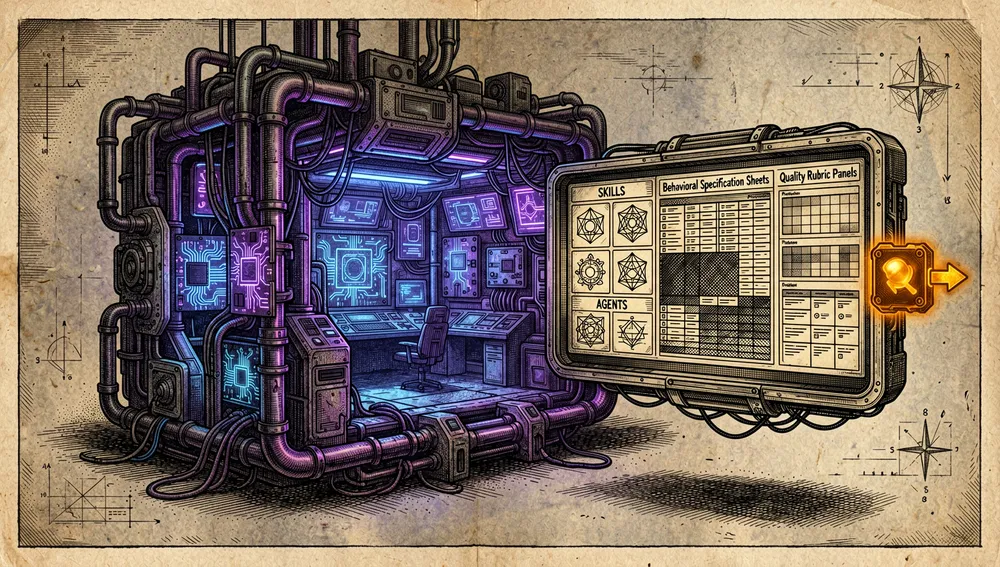 Dunkelmodus-Cyberpunk-eigenständiges Testframework für die KI-Studio-Vorlage selbst: eine separate, isolierte Insel aus Neon-Infrastruktur schwebt neben der Hauptstruktur des Frameworks, mit einem Master-Katalog-Raster, das 73 Skills und 49 Agenten verfolgt, Verhaltensspezifikationsblättern, Qualitätsrubrik-Panels und Spec-Vorlagen, getrennt durch eine klare Grenzlinie mit einem kleinen, bernsteinfarben leuchtenden, entfernbaren Modul-Icon.