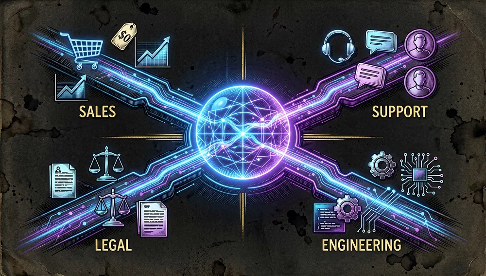 Futuristische Dunkelmodus-Arbeitsumgebung, die den Übergang von generischer KI zu spezialisierten Unternehmens-Workflows zeigt: ein leuchtender holografischer zentraler KI-Kern teilt sich in mehrere unterschiedliche, neonumrandete Bahnen, die verschiedene Unternehmensabteilungen darstellen — Vertrieb, Support, Recht und Engineering — jede mit schwebenden digitalen Icons und fließenden Datenströmen.