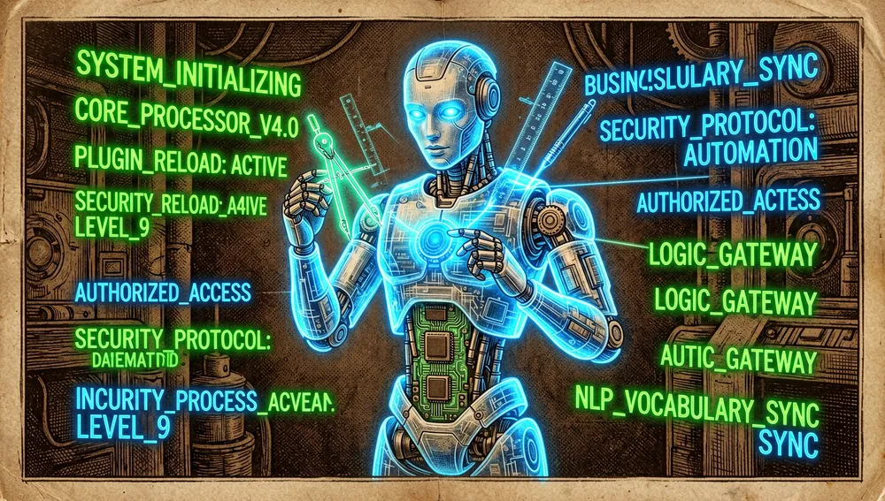 Abstrakte, ultra-detaillierte digitale Komposition, die das Konzept „Editierbare Spezialisierung" darstellt: ein leuchtender, halbtransparenter neonblauer Bauplan eines Roboter-Assistenten wird von schwebenden holografischen Werkzeugen modifiziert, wobei Schichten von digitalem Code und Unternehmensterminologie auf seiner Oberfläche eingeschrieben werden.