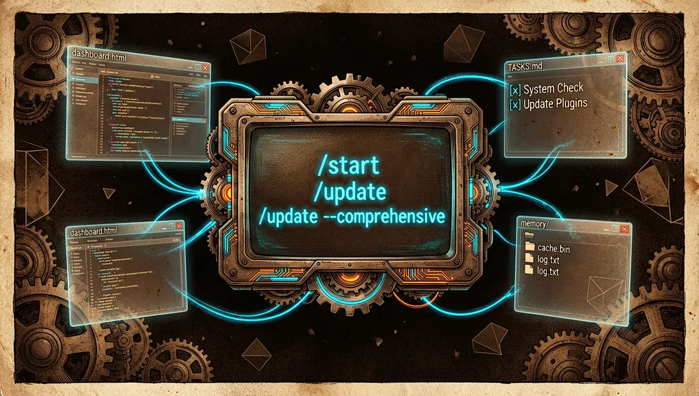 Hochdetailliertes futuristisches Kommandozentrale-Dashboard, das in einer dunklen Leere schwebt und das Productivity-Plugin darstellt: leuchtender Neontext zeigt „/start", „/update" und „/update --comprehensive" in einer eleganten Cyberpunk-Terminal-Oberfläche, mit holografischen Fenstern im Hintergrund, die ein lokales dashboard.html, eine TASKS.md-Datei und einen memory/-Ordner zeigen, alle durch pulsierende Datenlinien verbunden.