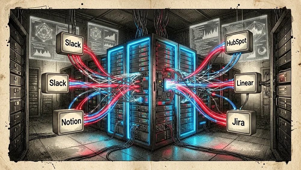Komplexes, cyberpunkartiges digitales Netz aus Unternehmensintegrationen und API-Konnektoren: leuchtende Knoten, beschriftet mit Logos oder Namen wie Slack, Notion, HubSpot, Linear und Jira, verbinden sich mit einem zentralen, neonleuchtenden KI-Serverrack, wobei Glasfaserkabel mit hellem Licht pulsieren, während sie Daten übertragen.
