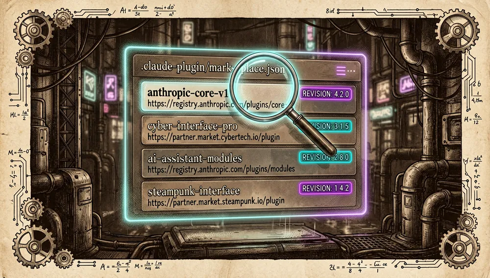 Futuristische, halboffizielle digitale Marktplatz-Oberfläche, die in einer dunklen Cyberpunk-Umgebung schwebt: der holografische Index zeigt eine Mischung aus Anthropic-eigenen Modulen und Drittanbieter-Partner-Plugins, mit leuchtenden Revisions-Tags und Quell-URLs neben jedem Eintrag, während eine digitale Lupe über der Liste schwebt.