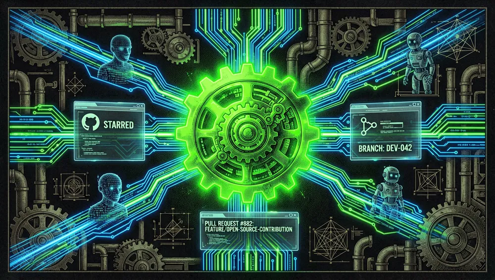Abstrakte, hochtechnologische Visualisierung von Community-Zusammenarbeit und Open-Source-Beiträgen: eine zentrale, leuchtende Neon-Repository-Struktur ist umgeben von schwebenden holografischen Forks und Branches, die zurück in den Hauptkern verschmelzen, mit digitalen Avataren und automatisierten Bot-Skripten, dargestellt als Lichtströme, die Code einreichen.