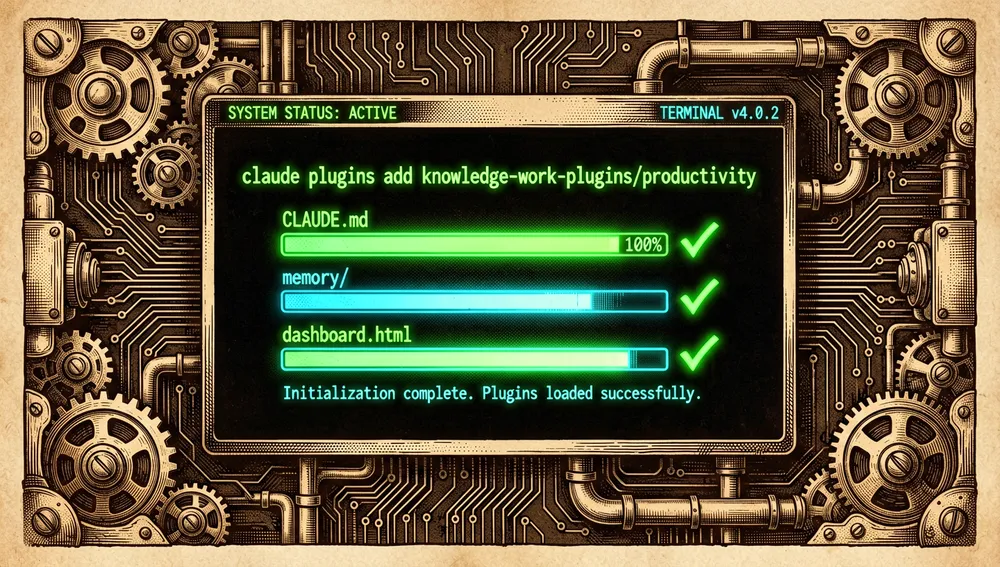Elegante, futuristische Installationssequenz, angezeigt in einem Dunkelmodus-Terminalfenster: heller neongrüner und cyanfarbener Text auf schwarzem Bildschirm zeigt den Befehl claude plugins add knowledge-work-plugins/productivity, mit holografischen Fortschrittsbalken und leuchtenden Häkchen, die die erfolgreiche Initialisierung von CLAUDE.md, memory/ und dashboard.html illustrieren.