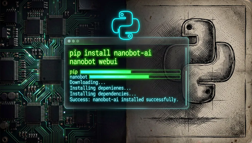 Interfaz de terminal cyberpunk visualmente rica que muestra un proceso de instalación de línea de comandos de Python brillante: texto verde y cian neón se desplaza a través de una pantalla holográfica translúcida oscura, mostrando pip install nanobot-ai y nanobot webui en tipografía brillante.