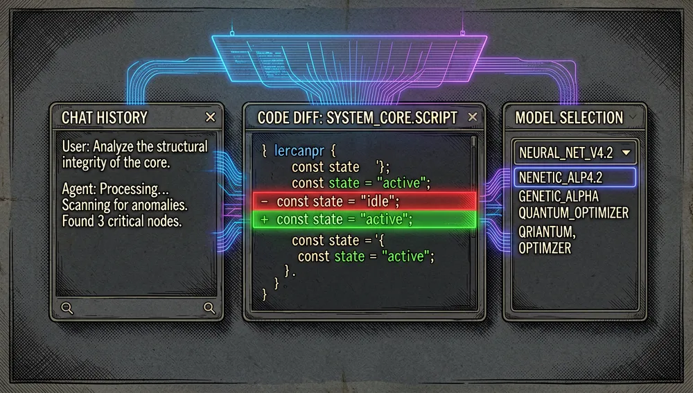 Panel futurista de WebUI para un agente de IA renderizado en estética cyberpunk de modo oscuro: la interfaz muestra múltiples paneles —un hilo de chat persistente, un visor de diferencias de modificación de archivos con líneas de código rojas y verdes brillantes, y un menú desplegable de selección de modelo— con acentos neón azules y púrpuras.