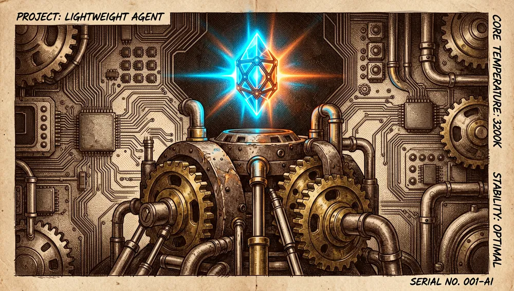 Imagen conceptual al estilo cyberpunk que representa la filosofía de "ligereza con capacidad suficiente": un pequeño cristal geométrico elegante y brillante (el núcleo de nanobot) flota sobre un monolito mecánico masivo, complejo y oscuro que representa plataformas monolíticas, emitiendo una luz neón potente y controlada que corta la oscuridad.