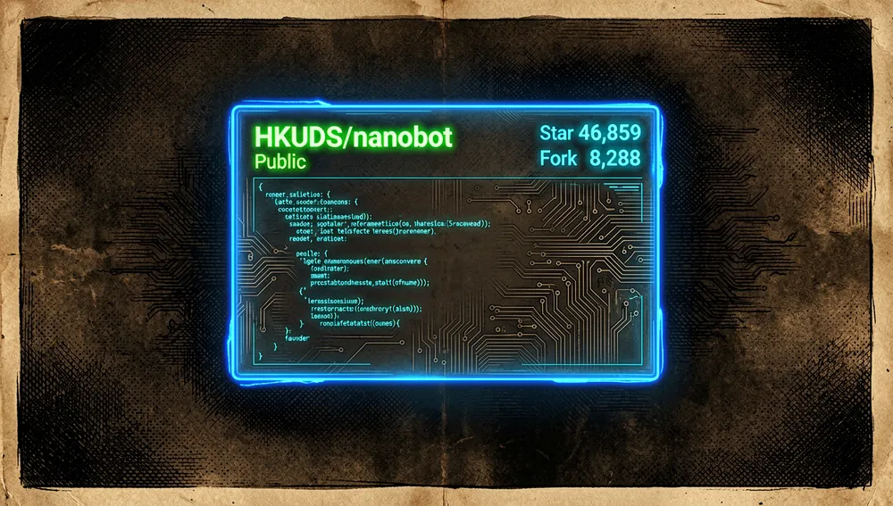 Interfaz futurista de repositorio de GitHub en modo oscuro visualizada al estilo cyberpunk: una pantalla holográfica muestra el repositorio "HKUDS/nanobot" con contadores de estrellas y bifurcaciones brillantes en neón (46.859 estrellas, 8.288 forks) pulsando con luz azul eléctrica, sobre un fondo de estructuras de código abstractas y circuitos digitales.