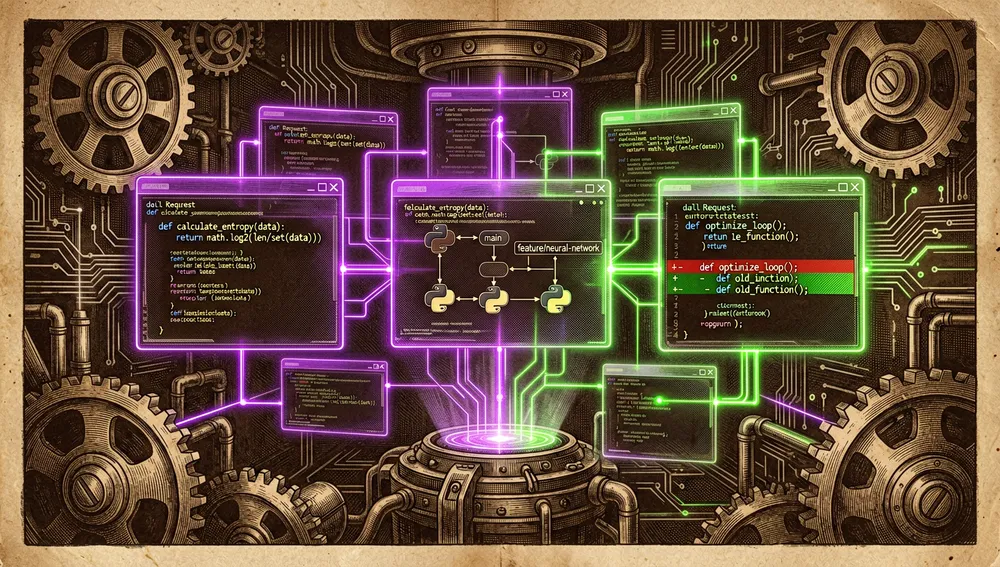 Representación al estilo cyberpunk de la colaboración comunitaria y la contribución de código abierto: múltiples ventanas de terminal holográficas flotan en un espacio digital oscuro, cada una mostrando fragmentos de código Python, ramas de git y diferencias de solicitudes de cambios, con conexiones neón brillantes que enlazan las terminales entre sí, simbolizando una red descentralizada de contribuidores.