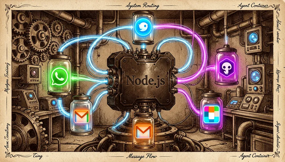 Visuell reichhaltige Cyberpunk-Illustration, die mehrere leuchtende neonfarbene Messaging-Icons zeigt — WhatsApp, Telegram, Discord, Slack und Gmail — die um einen zentralen, dunklen, High-Tech-Node.js-Verarbeitungskern schweben. Der Kern ist detailliert mit leuchtenden Glasfaserkabeln ausgestattet, die Licht zu verschiedenen isolierten, transparenten Glascontainern leiten.