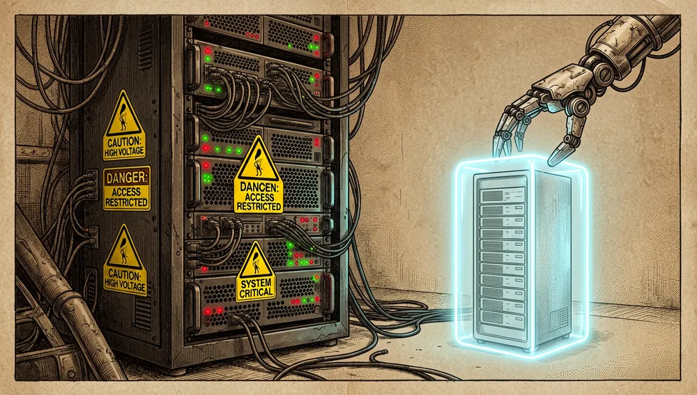 Konzeptuelles Dunkelmodus-Cyberpunk-Digitalkunstwerk, das ein massives, komplexes, chaotisches Server-Rack links zeigt, bedeckt mit Warnschildern und verhedderten Kabeln, kontrastiert durch einen einzigen, kleinen, eleganten, leuchtenden neonblauen minimalistischen Server-Container rechts. Eine High-Tech-mechanische Klaue ruht sanft auf dem kleinen Container.