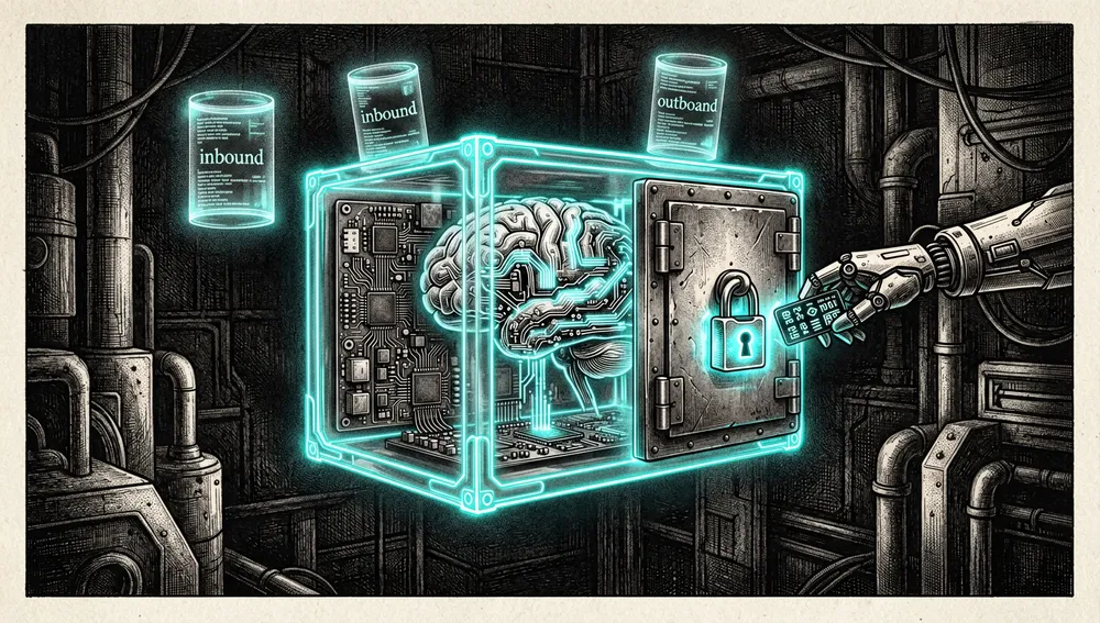 Ultra-detaillierte 8K-Cyberpunk-Illustration eines transparenten, leuchtenden Docker-Containers, isoliert auf dunklem Hintergrund. Im Container verarbeitet ein neon-cyanfarbenes KI-Gehirn aus Schaltkreisen Daten, umgeben von schwebenden holografischen SQLite-Datenbankzylindern, beschriftet mit „inbound" und „outbound". Der Container hat eine verschlossene, neonleuchtende Tresortür, die Sicherheit durch Isolation symbolisiert.