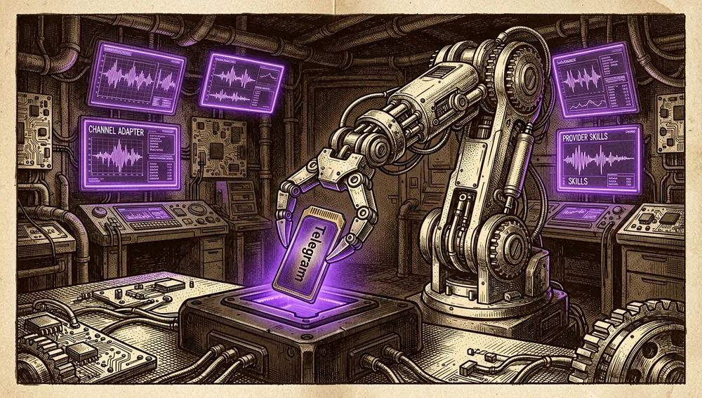 Futuristische, neonbeleuchtete digitale Waffenkammer, die modulare „Skills" als leuchtende, holografische Plug-in-Kartuschen zeigt. Eine High-Tech-mechanische Klaue wählt sorgfältig eine leuchtende violette Kartusche mit der Aufschrift „Telegram" aus, um sie in eine elegante, dunkle Metallbuchse einzusetzen.