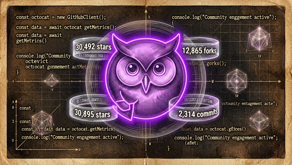 Auffällige, cyberpunkartige Dunkelmodus-Datenvisualisierung. Ein massives, leuchtendes GitHub-Octocat-Logo in Neonviolett sitzt im Zentrum, umgeben von schwebenden holografischen Datenringen, die Statistiken zeigen: „30.492 Sterne", „12.864 Forks" und „2.314 Commits". Leuchtende TypeScript-Code-Ausschnitte im Hintergrund.