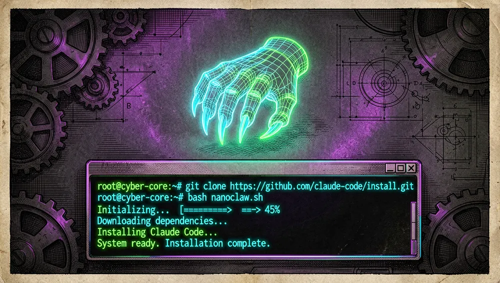 Ultra-detaillierte 8K-Dunkelmodus-Illustration einer Cyberpunk-Terminal-Kommandozeilenoberfläche. Leuchtender neongrüner und cyanfarbener Text zeigt Befehle wie git clone und bash nanoclaw.sh. Ein holografisches, Wireframe-Klauen-Icon leuchtet sanft über dem Terminal und orchestriert den Installationsprozess.