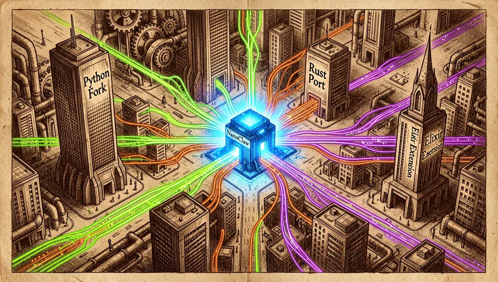 Weitläufige, futuristische Cyberpunk-Stadtlandschaft bei Nacht, von oben betrachtet, wo jedes Gebäude einen anderen Fork oder Port des NanoClaw-Projekts darstellt. Die Gebäude sind durch leuchtende Neondatenströme in verschiedenen Farben verbunden — Python-Grün, Rust-Orange, Elixir-Violett. Im Zentrum strahlt ein kleines, helles, leuchtend blaues Kerngebäude Licht aus, das das ursprüngliche NanoClaw-Repository symbolisiert.
